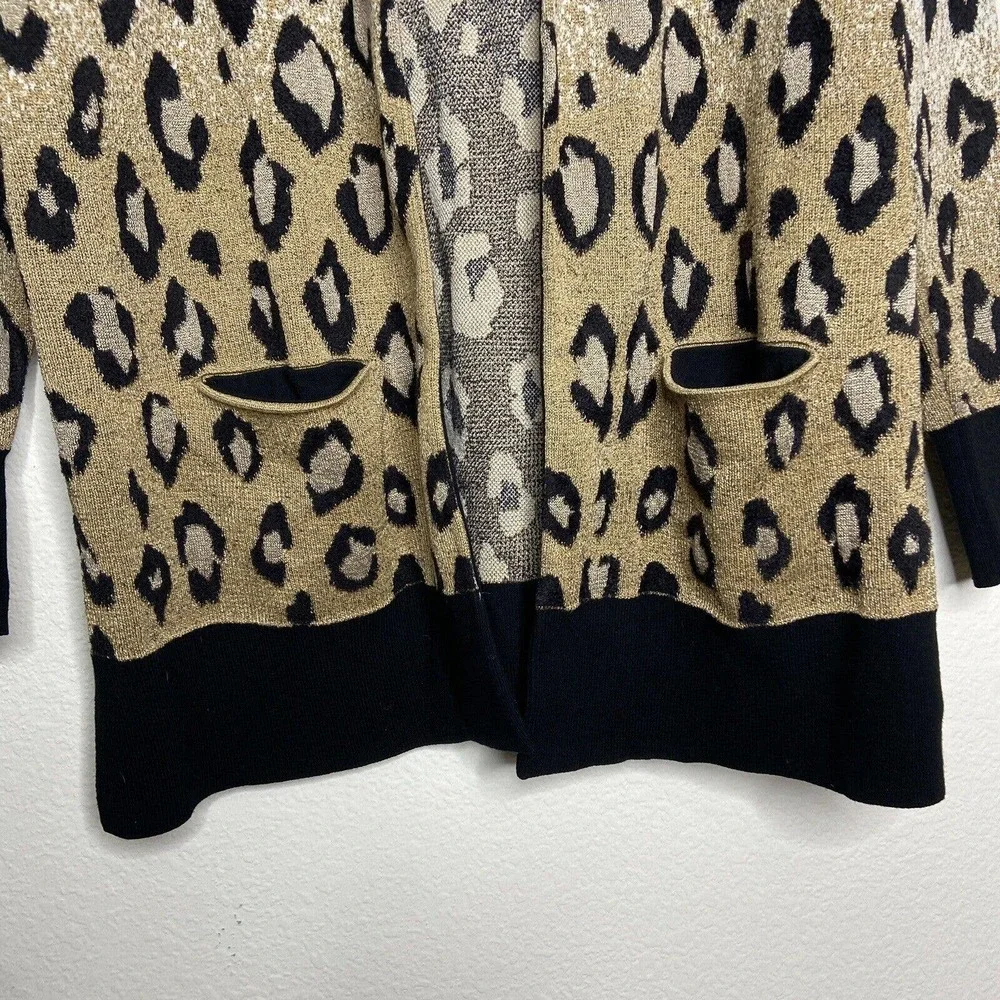 Ann Taylor Ombre Leopard Animal Print Pocketed Gold Metallic Cardigan Sz M - Picture 4 of 10